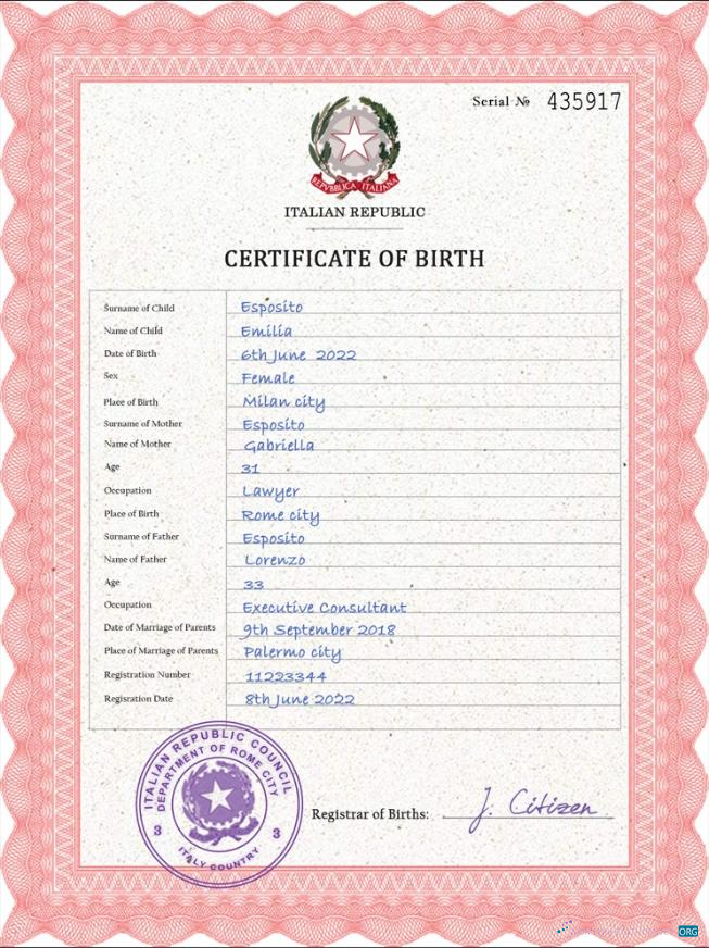 Download Italy birth certificate PSD template Photoshop template
